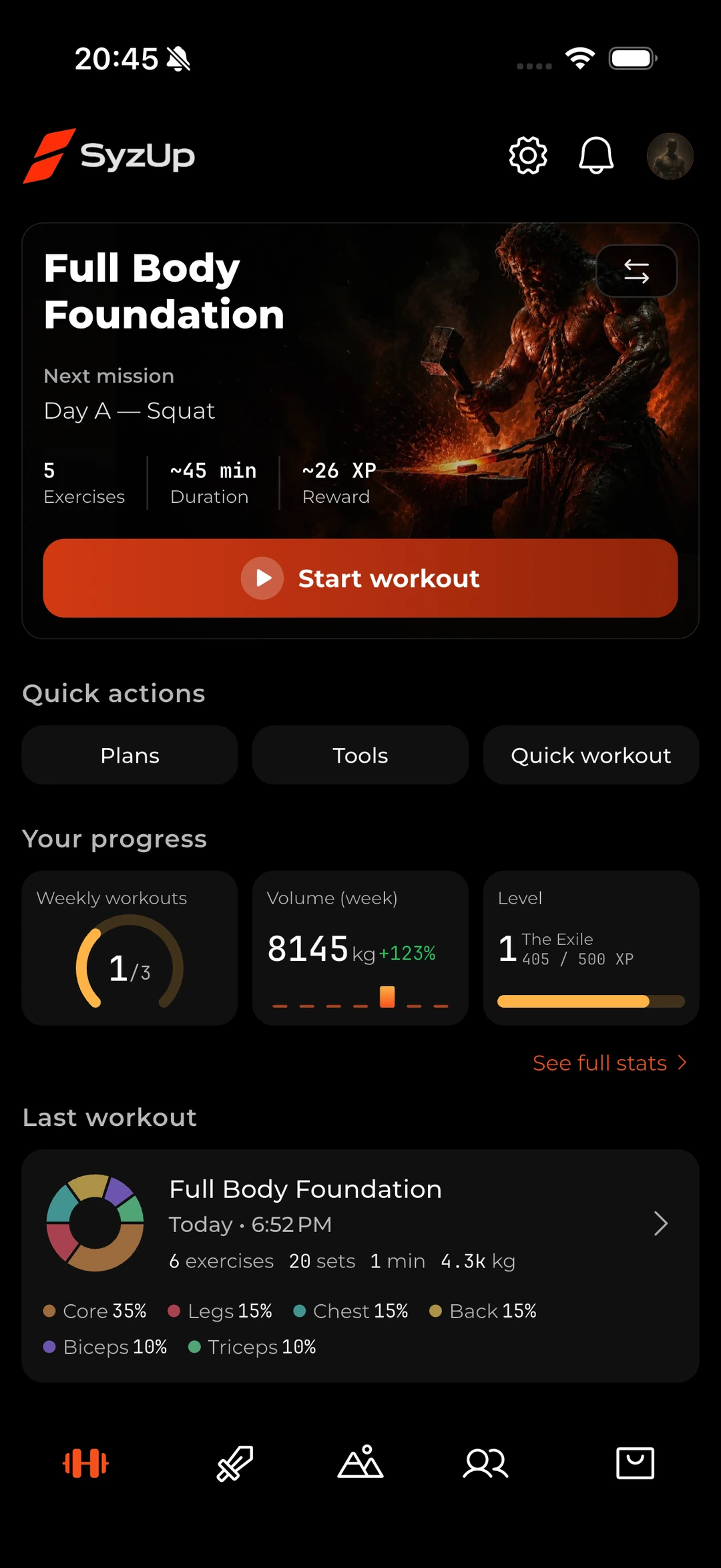 SyzUp app screen showing today's workout dashboard